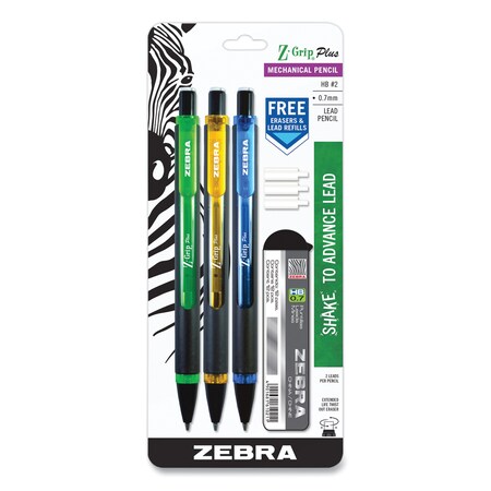 Zebra Pen Z-Grip Plus Mechanical Pencil, 0.7 mm, HB (#2), Black Lead, Assorted Barrel Colors, 3PK 55403